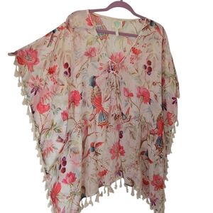 Kaftan with Tassels Floral Birds 100% Cotton Breathable Light Made-in-India